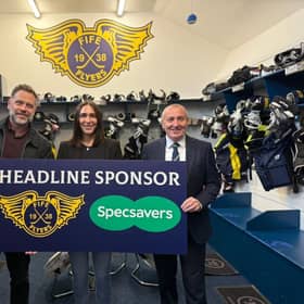Max Birbraer, GM of the Fife Flyers, Stephanie Stroud, Commercial Coordinator of the Fife Flyers and Gary Wood, dispensing director at Specsavers Glenrothes