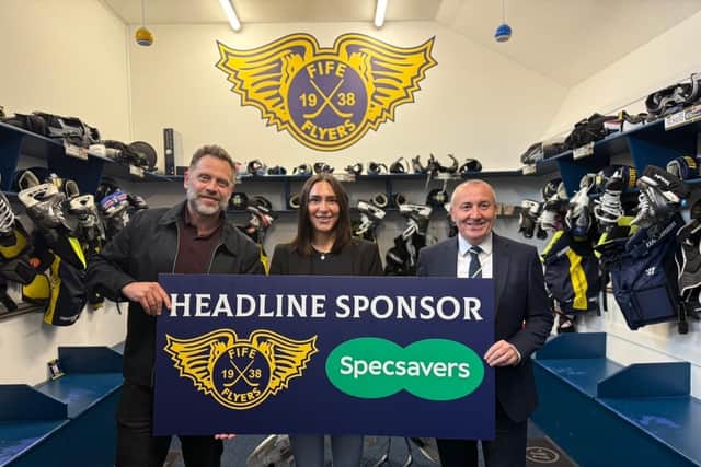 Max Birbraer, GM of the Fife Flyers, Stephanie Stroud, Commercial Coordinator of the Fife Flyers and Gary Wood, dispensing director at Specsavers Glenrothes
