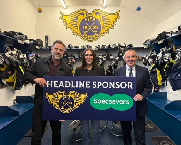 Max Birbraer, GM of the Fife Flyers, Stephanie Stroud, Commercial Coordinator of the Fife Flyers and Gary Wood, dispensing director at Specsavers Glenrothes