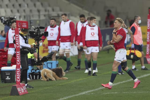 Lions wing Duhan van der Merwe was shown the yellow card for a trip on South Africa's Cheslin Kolbe. Picture: Halden Krog/AP