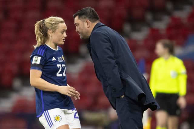 Scotland manager Pedro Martinez Losa hands on instructions to Erin Cuthbert. (Photo by Ross MacDonald / SNS Group)