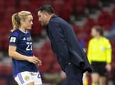 Scotland manager Pedro Martinez Losa hands on instructions to Erin Cuthbert. (Photo by Ross MacDonald / SNS Group)