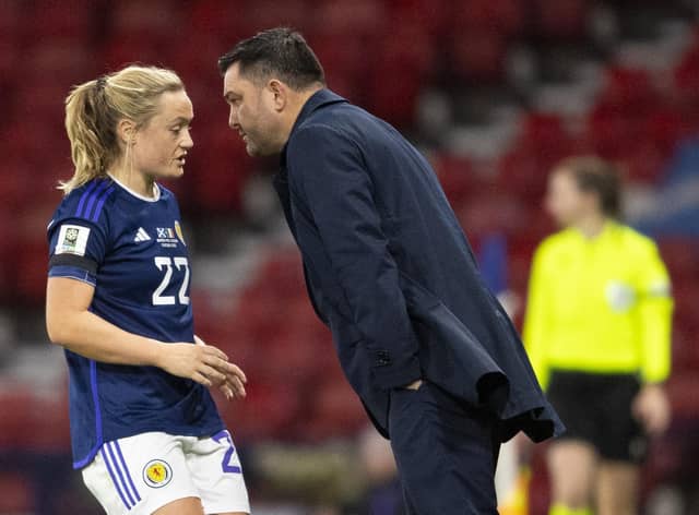 Scotland manager Pedro Martinez Losa hands on instructions to Erin Cuthbert. (Photo by Ross MacDonald / SNS Group)