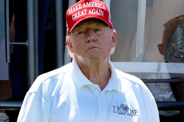 Former US President Donald Trump looks on during round three at the LIV Golf-Bedminster 2023 at the Trump National in Bedminster, New Jersey. Picture: Timothy A ClaryAFP via Getty Images