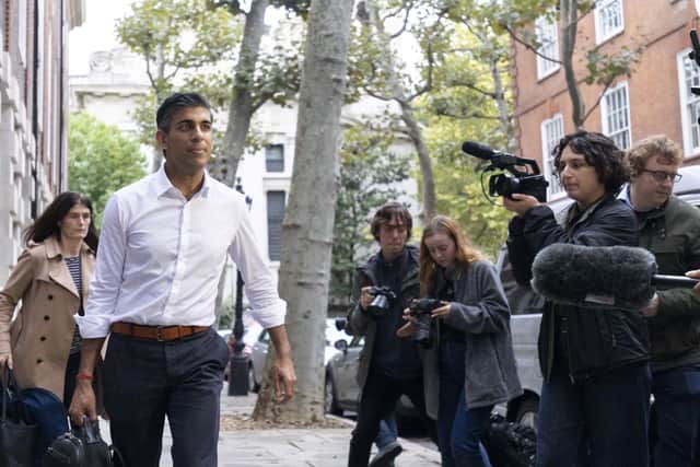 Rishi Sunak leaves his campaign office in London, as he has formally entered the Tory leadership contest on Sunday
