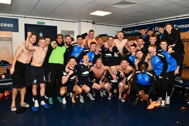 The Falkirk players celebrate after their win over Ayr in the Scottish Cup.