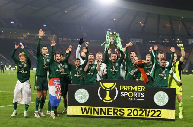 Celtic’s David Turnbull lifts the Premier Sports Cup Trophy as Celtic celebrate. (Photo by Alan Harvey / SNS Group)