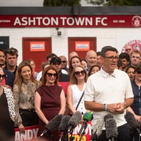 Andy Burnham's victory rally at Ashton Town FC after being elected as Makerfield MP