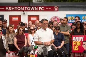 Andy Burnham's victory rally at Ashton Town FC after being elected as Makerfield MP