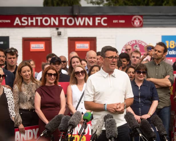 Andy Burnham's victory rally at Ashton Town FC after being elected as Makerfield MP