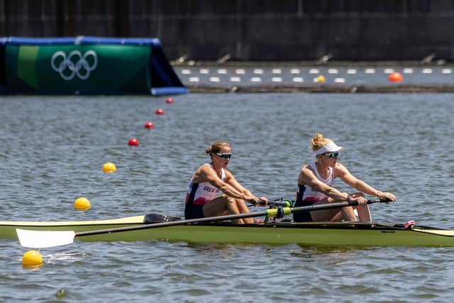 Helen Glover and Polly Swan, Team GB's women’s pair, get a feel for the course in training at the Sea Forest Waterway in Tokyo. Picture: Maja Hitij/Getty Images