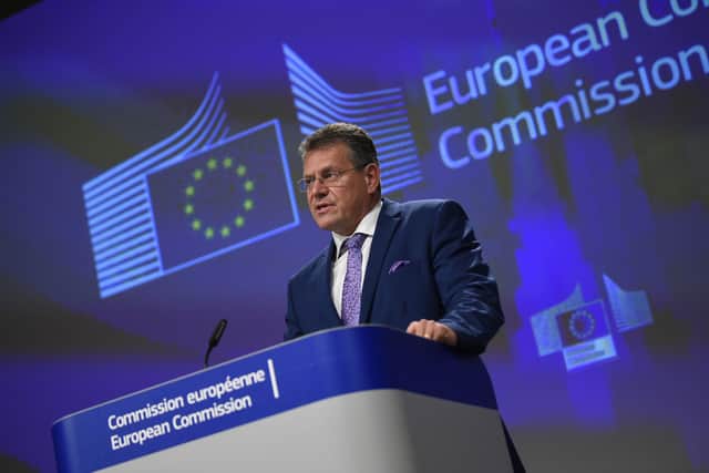 Maros Sefcovic, vice-president of the European Commission in charge of Inter-institutional relations and foresight, speaks. Picture: John Thys, Pool via AP