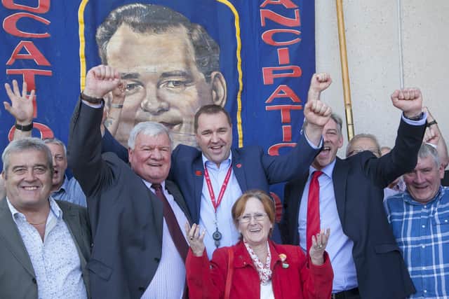Neil Findlay with former miners outside Scottish Parliament Pic: Alistair Linford