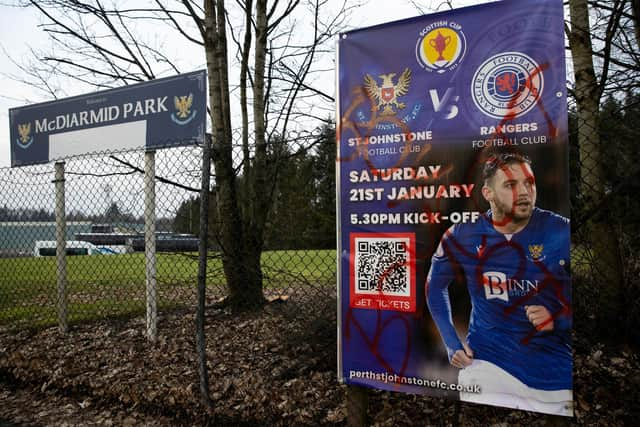 St Johnstone fans make a point ahead of their Scottish Cup clash with Rangers at McDiarmid Park. (Photo by Craig Williamson / SNS Group)