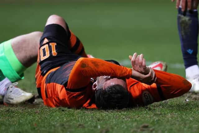 Dundee United striker Nicky Clark in despair after missing a late chance to win the game for his team against Dundee at Dens Park. (Photo by Craig Williamson / SNS Group)