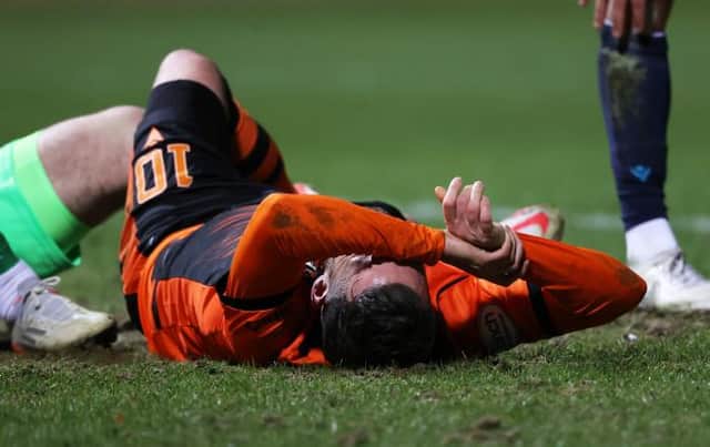 Dundee United striker Nicky Clark in despair after missing a late chance to win the game for his team against Dundee at Dens Park. (Photo by Craig Williamson / SNS Group)
