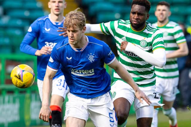 Filip Helander of Rangers and Celtic striker Odsonne Edouard go head to head in the last meeting between the rivals