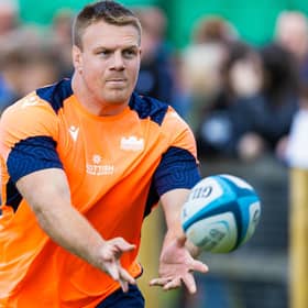 Edinburgh's new prop Paul Hill goes through some drills at the 'Rugby on the Road' event at Linlithgow RFC.  (Photo by Ross Parker / SNS Group)