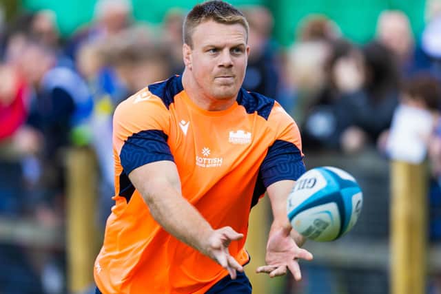 Edinburgh's new prop Paul Hill goes through some drills at the 'Rugby on the Road' event at Linlithgow RFC. (Photo by Ross Parker / SNS Group)