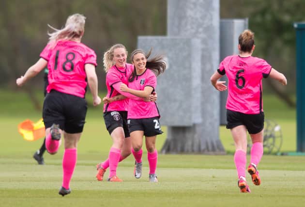 GLASGOW, SCOTLAND - MAY 09: Glasgow City players celebrate Priscilla Chinchilla's goal to make it 2-0 during a Scottish Women's Premier League match between Rangers and Glasgow City at the Rangers Training Centre, on May 09, 2021, in Glasgow, Scotland. (Photo by Mark Scates / SNS Group)