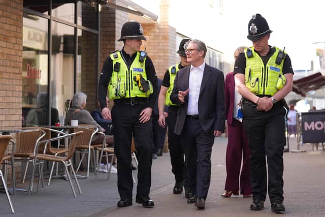 Prime Minister Sir Keir Starmer and Home Secretary Yvette Cooper join officers on patrol. PIC: Joe Giddens/PA Wire