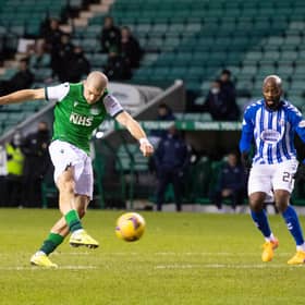 Alex Gogic launches the strike that gave Hibs their two goal advantage over Kilmarnock at Easter Road. Photo by Paul Devlin / SNS Group