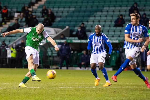 Alex Gogic launches the strike that gave Hibs their two goal advantage over Kilmarnock at Easter Road. Photo by Paul Devlin / SNS Group