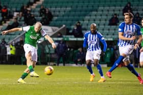Alex Gogic launches the strike that gave Hibs their two goal advantage over Kilmarnock at Easter Road. Photo by Paul Devlin / SNS Group