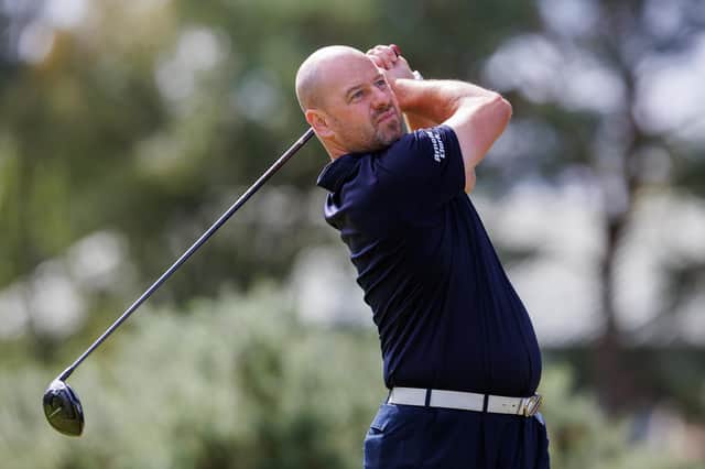 Craig Lee tees off at the 18th in the second round of the Loch Lomond Whiskies Scottish PGA Championship at Scotscraig. Picture: Kenny Smith/Getty Images.