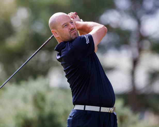 Craig Lee tees off at the 18th in the second round of the Loch Lomond Whiskies Scottish PGA Championship at Scotscraig. Picture: Kenny Smith/Getty Images.