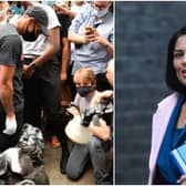 The statue of Edward Colston torn down in Bristol and Home Secretary Priti Patel (right) picture: supplied