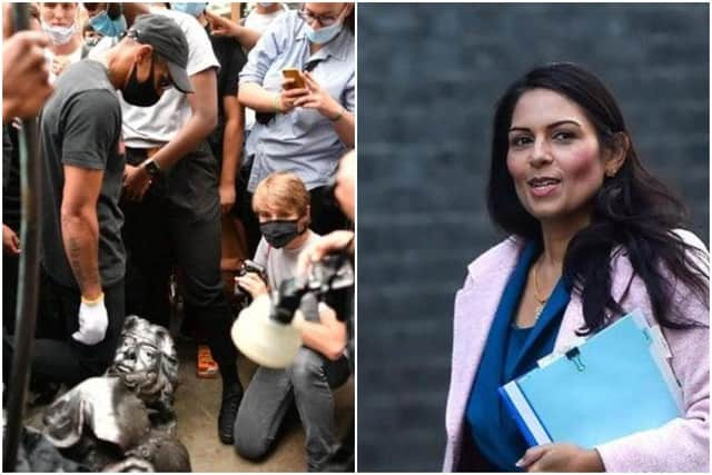 The statue of Edward Colston torn down in Bristol and Home Secretary Priti Patel (right) picture: supplied