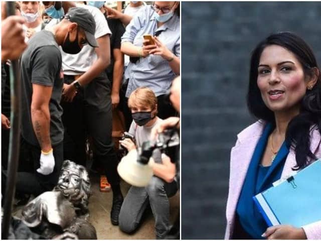 The statue of Edward Colston torn down in Bristol and Home Secretary Priti Patel (right) picture: supplied