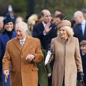 King Charles III and Queen Camilla attend the Christmas Day morning church service at St Mary Magdalene Church in Sandringham, Norfolk this morning ahead of the traditional Christmas Day broadcast at 3pm. PIC:Joe Giddens/PA Wire.