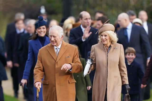 King Charles III and Queen Camilla attend the Christmas Day morning church service at St Mary Magdalene Church in Sandringham, Norfolk this morning ahead of the traditional Christmas Day broadcast at 3pm. PIC:Joe Giddens/PA Wire.