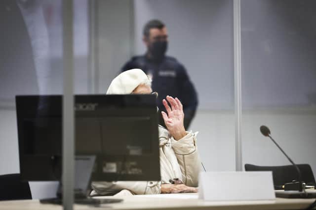 Irmgard Furchner, accused of being part of the apparatus that helped the Nazis' Stutthof concentration camp function, arrives at the court for the verdict in her trial in Itzehoe, Germany. Picture: Christian Charisius/Pool Photo via DPA