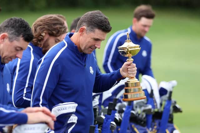 Padraig Harrington holds the Ryder Cup during a team photo prior to the 43rd Ryder Cup at Whistling Straits. Picture: Warren Little/Getty Images.