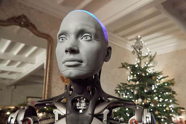 Ameca, one of the world’s most advanced robots, delivered Channel 4’s alternative Christmas message in 2022. Image: Richard Ansett/Channel 4