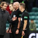 Hearts manager Robbie Neilson protests with linesman Alan Mulvanny at full time. (Photo by Alan Harvey / SNS Group)