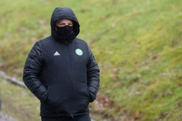 Celtic manager Neil Lennon masked up for Covid-19 protocols at Lennoxtown on Friday. (Photo by Craig Foy / SNS Group)