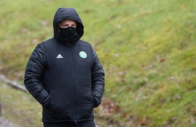Celtic manager Neil Lennon  masked up for Covid-19 protocols at Lennoxtown on Friday. (Photo by Craig Foy / SNS Group)