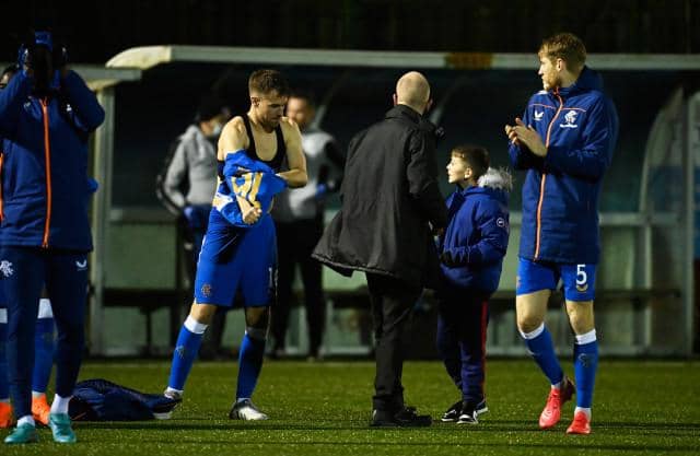 Aaron Ramsey gives his Rangers shirt to a young fan after the 3-0 Scottish Cup victory over Annan Athletic at Galabank. (Photo by Rob Casey / SNS Group)