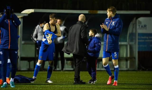 Aaron Ramsey gives his Rangers shirt to a young fan after the 3-0 Scottish Cup victory over Annan Athletic at Galabank. (Photo by Rob Casey / SNS Group)