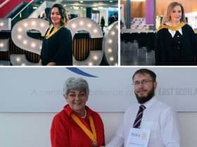 Graduates Dawn-Maree Wilson (top left), Lucy Forman and Gytis Kontrimas