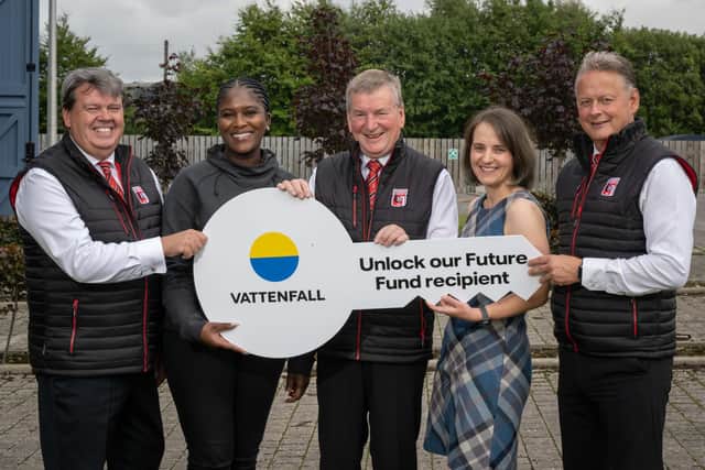 Dr Susan Osbeck, Vattenfall Unlock our Future Chair, Mimi Mwasame, Stakeholder and Community Engagement Manager, Offshore Wind, Vattenfall with Jim Porter, Graeme Hay and Michael Macaulay, Inverurie Loco Works Football Club (Picture by Michal Wachucik/Abermedia)