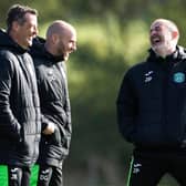 Hibs manager Jack Ross shares a laugh with first team coach David Gray and assistant manager John Potter. (Photo by Paul Devlin / SNS Group)
