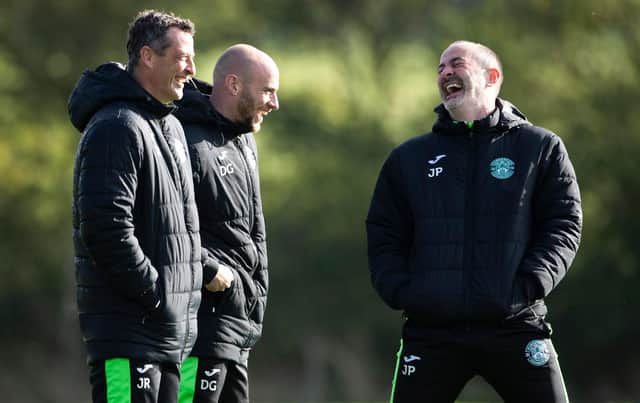 Hibs manager Jack Ross shares a laugh with first team coach David Gray and assistant manager John Potter. (Photo by Paul Devlin / SNS Group)