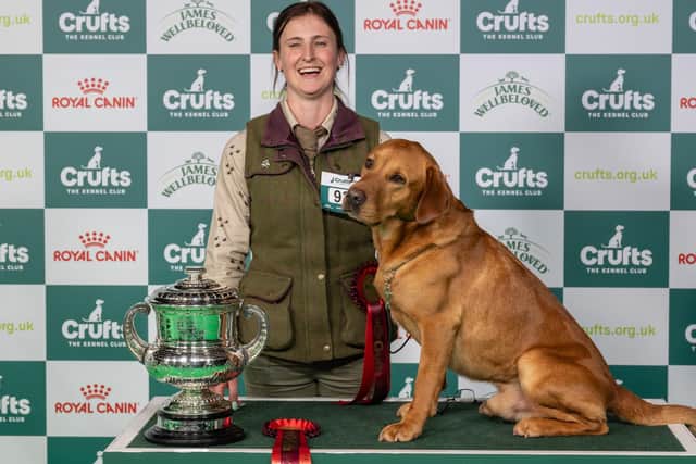 Labrador retriever Tweed and his owner Emma Bamford, from Inverness, collect the trophy for top dog in the gamekeeping classes at Crufts. Picture: Nigel Kirby