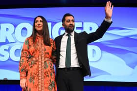 First Minister Humza Yousaf (right), flanked by his wife Nadia El-Nakla (left), at the SNP conference in Aberdeen in October last year. Picture: Andy Buchanan/AFP via Getty Images