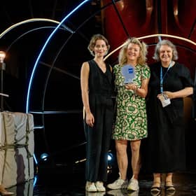 Drama and Entertainment category award accepted by (L-R) actor Sorcha Groundsell (who plays lead Kat Crighton in An t-Eilean), Black Camel Pictures’ Arabella Page Croft, and MG ALBA director of content, Margaret Cameron